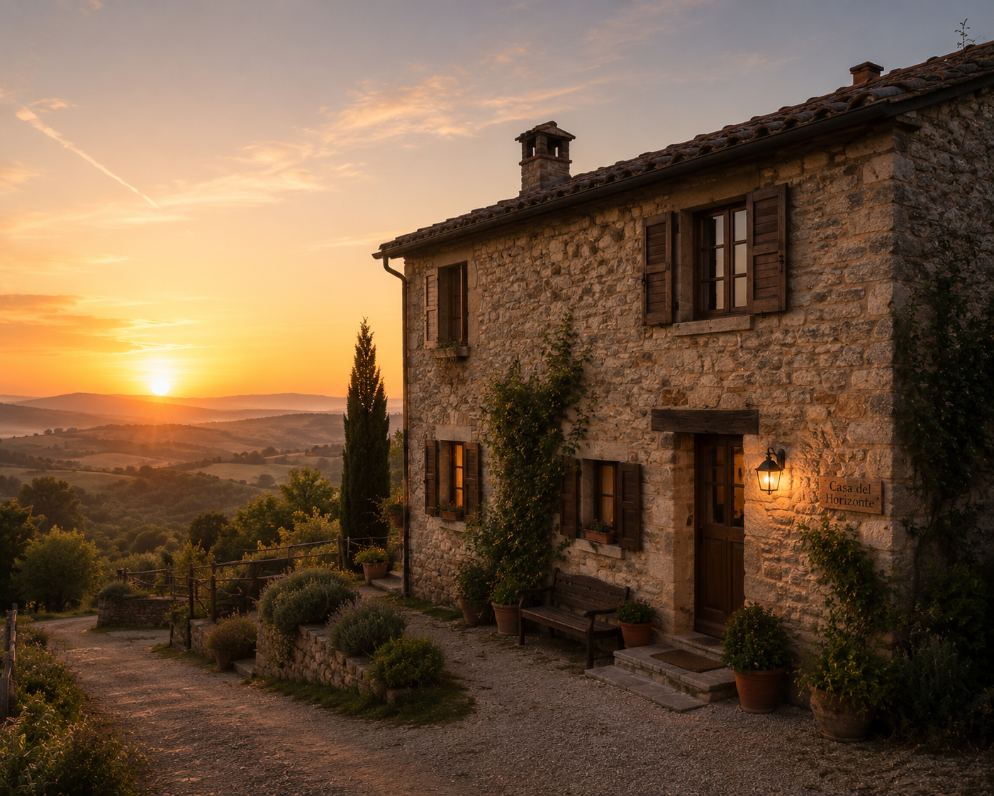 Exterior de La Posada del Valle al atardecer